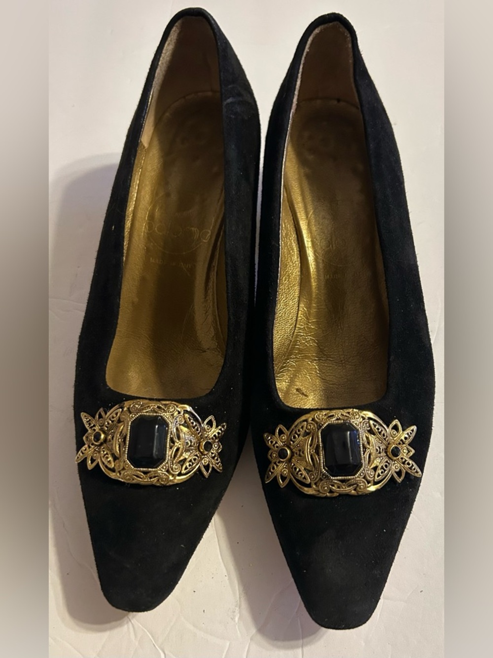 Black Suede vintage Paloma Pointed Toe Flats with Gold Ornate Buckle